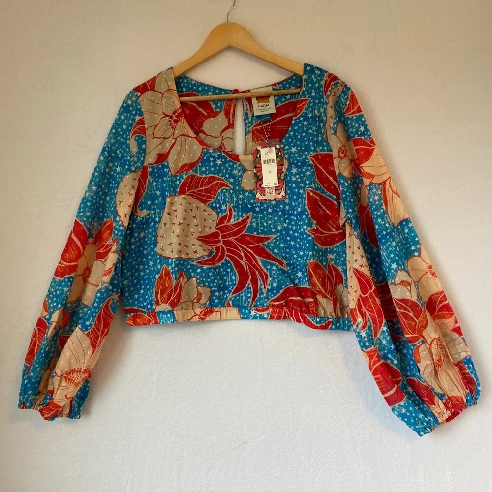 FARM Rio Blue Floral Puff-Sleeve Blouse with Red & Cream Accents